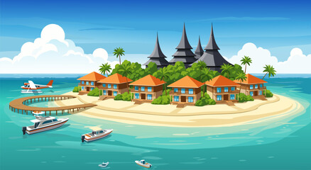 Vibrant vector illustration of a tropical island resort with bungalows, pier, and boats. Idyllic travel graphic for exotic holiday themes, scalable illustration asset © Purnomo