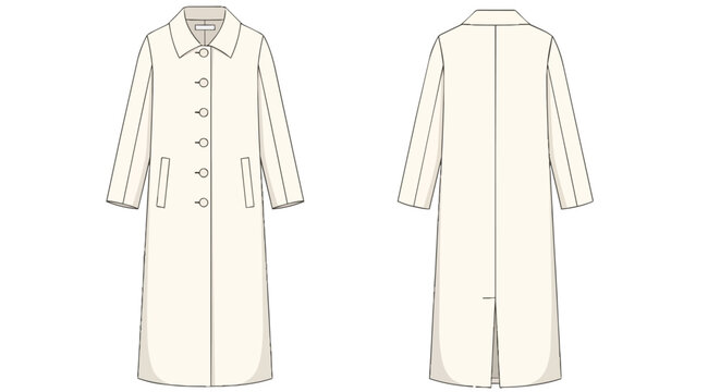 Technical fashion illustration of a women's long button-up coat template with front and back views