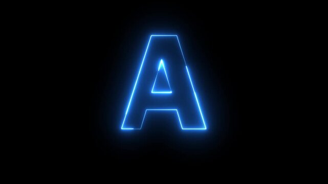 Glowing neon blue color English Capital letter A text icon animation education alphabet world smooth character effect sign symbol on black background
