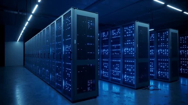 Sliding camera revealing long rack row in server hall, blue LEDs pulsing to show depth