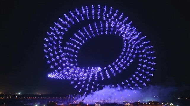 Forming purple drone swarm reconfiguring inner cluster over shoreline, triggered by ground smoke