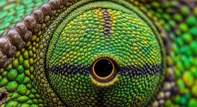 Extreme Close-up of a Chameleon Eye Showing Intricate Scale Texture and Vibrant Green and Yellow Colors
