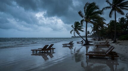 Fototapeta premium Tropical Beach Chairs on Sandy Shore with Stormy Ocean and Palm Trees at Dusk