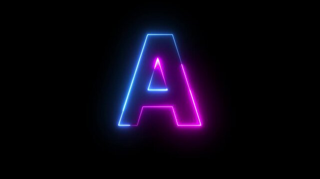 Glowing neon pink and blue color English Capital letter A text icon animation education alphabet world smooth character effect sign symbol on black background