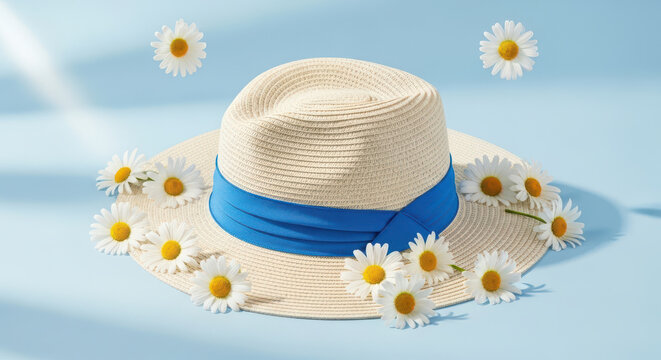 Straw sun hat with blue ribbon and daisies
