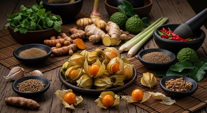 Fresh herbs and spices arranged on a table for culinary and wellness