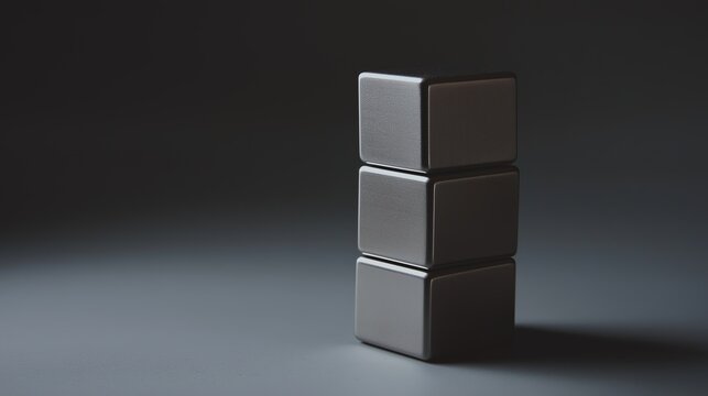 ferromagnetic. A solid cube formed by powerful silver-gray magnets on a plain background. STEM education sheets, lab safety posters, designed for biotech research communications.