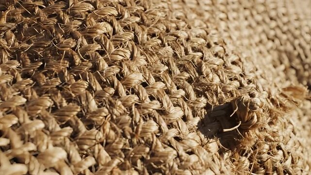 Closeup of woven burlap fabric texture with natural fibers.
