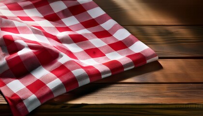 Obraz premium Red Gingham Tablecloth A Classic Red And White Gingham Tablecloth Elegantly Draped On A Rustic Wooden Surface Creating A Timeless And Inviting Atmosphere
