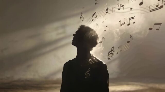 Standing backlit man in dark top tilting head upward on set musical notes appearing evoking sound