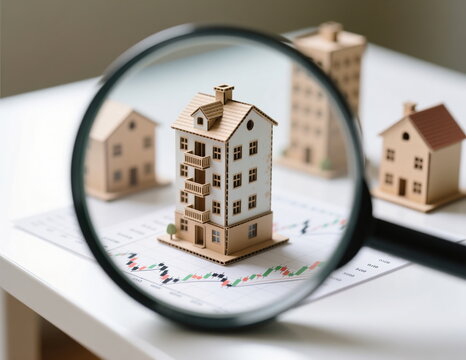 A magnifying glass look at a cardboard model of a house for purchase, investment