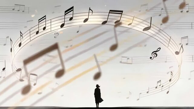 Standing figure in coat, hat watching music ring forming above stage, notes swelling around figure