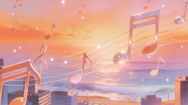 Gliding glossy musical staff and notes drifting over seaside city at sunset, sun lifting sparkles
