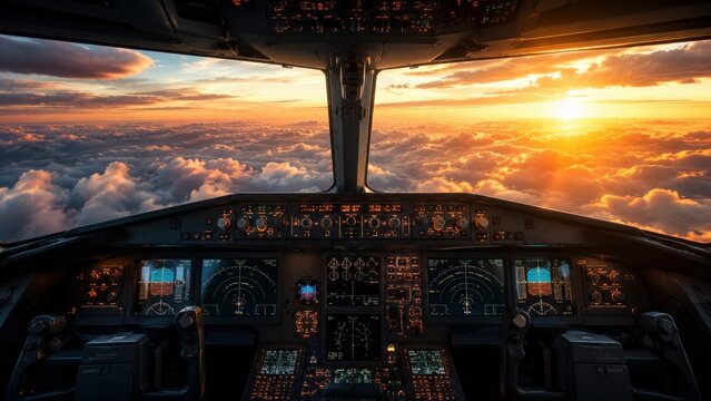 Airplane cockpit view above clouds during dramatic sunset, aviation travel concept, pilot perspective, commercial flight, golden sky.