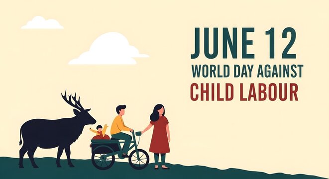June 12 World Day Against Child Labour Banner with Flat Illustration of Family on Bicycle and Deer