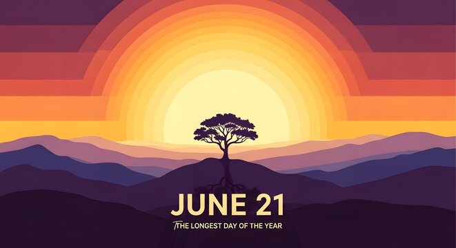 June 21 Summer Solstice Banner with Sunset Over Mountain Range and Lone Tree Silhouette