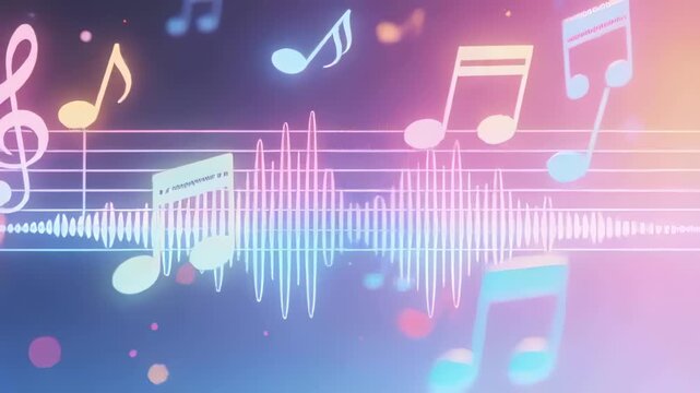 Pulsing centered waveform and musical staff reacting to audio on gradient canvas, with pastel notes