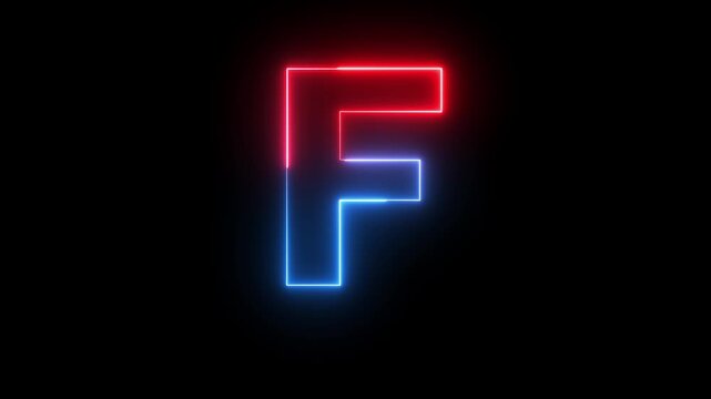 Glowing neon red and blue color English Capital letter F text icon animation education alphabet world smooth character effect sign symbol on black background