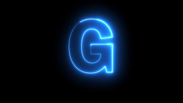 Glowing neon blue color English Capital letter G text icon animation education alphabet world smooth character effect sign symbol on black background