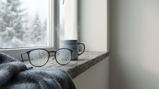 Glasses rest on a wooden window ledge next to a cup while snow falls outdoors. A blanket lies nearby, adding to the cozy setting inside during winter in the morning