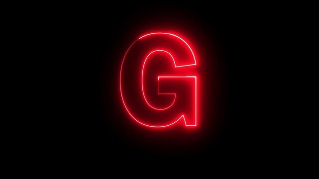Glowing neon red color English Capital letter G text icon animation education alphabet world smooth character effect sign symbol on black background