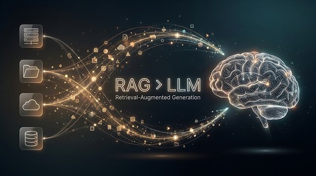 Retrieval-Augmented Generation Concept: Data inputs feeding into AI brain, illustrating RAG > LLM superiority in information processing.