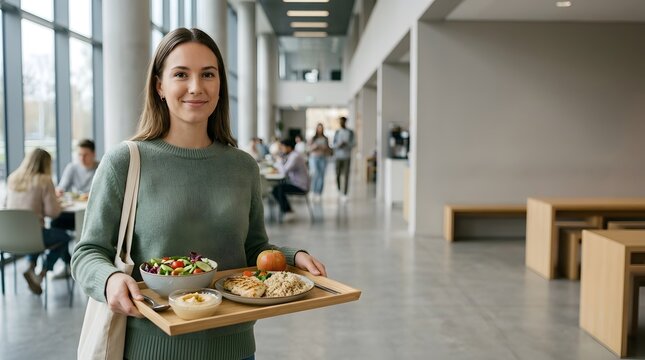 A woman stands in a dining area holding a tray with salad, a fruit, and bread. Many people are seated at tables eating and talking. It is lunchtime in a busy space