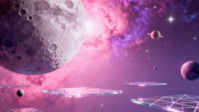 Cosmic scene with planets and floating platforms