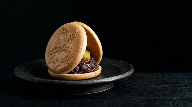 漆黒の背景に佇む日本の伝統和菓子、最中。パリッとした皮の質感と艶やかな粒餡が、ドラマチックな陰影で浮かび上がる洗練されたクローズアップ写真