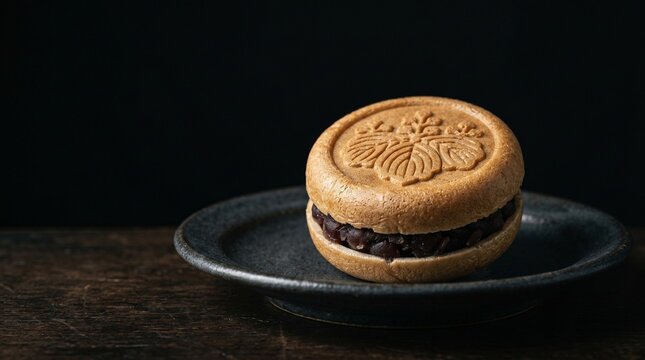 漆黒の背景に佇む日本の伝統和菓子、最中。パリッとした皮の質感と艶やかな粒餡が、ドラマチックな陰影で浮かび上がる洗練されたクローズアップ写真