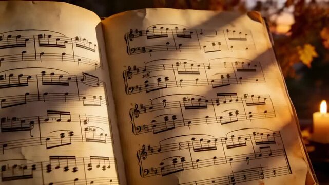 Revealing open sheet music on table as candle flicker moving shadow across foxing, evoking autumn