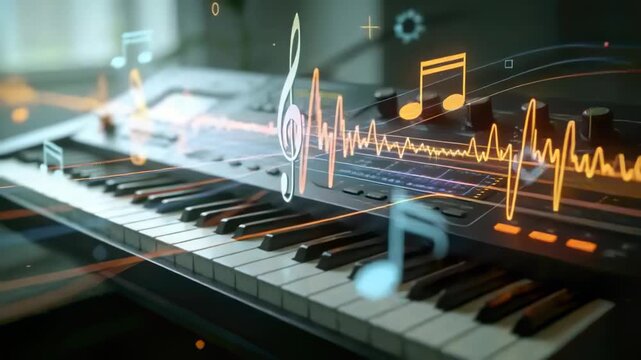 Animating overlays over synth keys and controls with audio playing in studio showing waveform