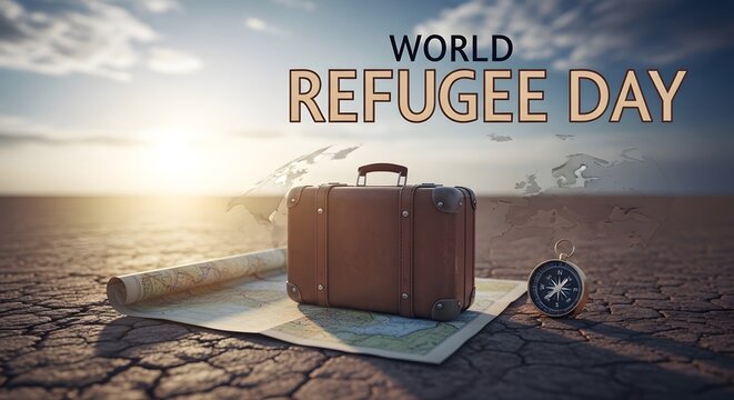 World Refugee Day Banner with Vintage Suitcase, Map, and Compass on Arid Ground at Sunset