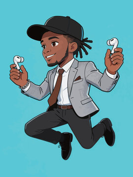 Stylized Chibi Businessman Holding Wireless Earbuds