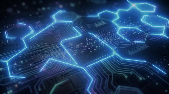 Futuristic blue hexagon network over digital circuit board technology background animation loop