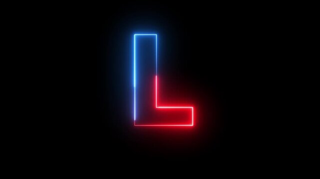 Glowing neon red and blue color English Capital letter L text icon animation education alphabet world smooth character effect sign symbol on black background