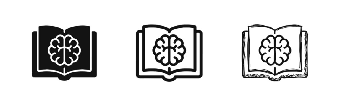 Open Book with Brain Icon Set, Knowledge and Intelligence Education Symbols in Three Styles