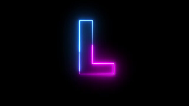 Glowing neon pink and blue color English Capital letter L text icon animation education alphabet world smooth character effect sign symbol on black background