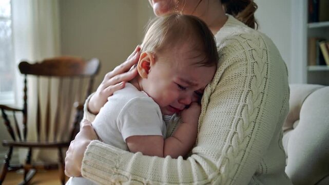 Soothing adult woman responding to infant crying, holding, stroking head and patting back on couch
