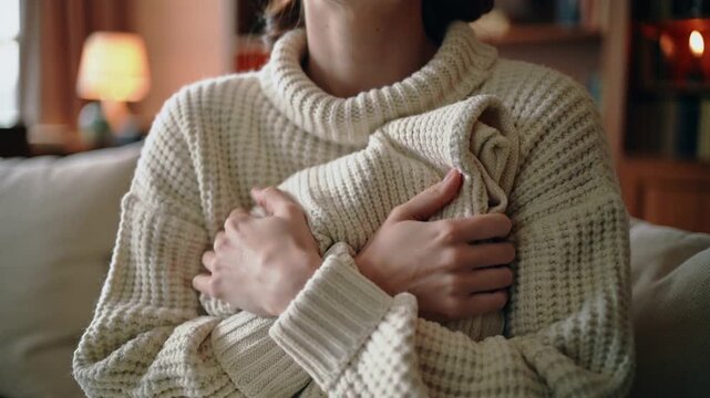 Pressing woman in chunky turtleneck cradling folded knit on sofa, loosening grip seeking comfort