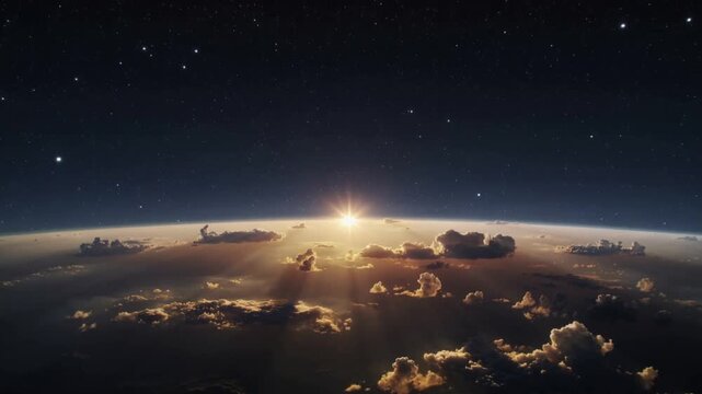 Rising Sun emerging at horizon, curved limb casting rays across clouds, brightening clouds in orbit