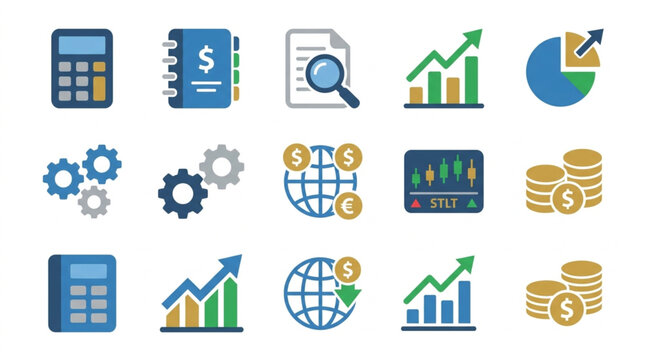 Financial business icons and symbols for analytics and growth.