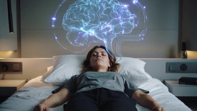 Lying woman in grey tee with sensors on bed, hologram appearing above head growing mapping sleep