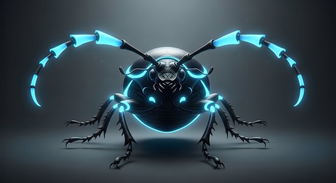Futuristic Glowing Neon Blue Cybernetic Beetle Digital Art Design