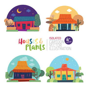 Cute and colourful houses and plants isolated cartoon vector illustration.	