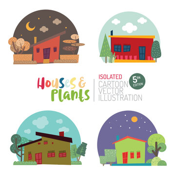 Cute and colourful houses and plants isolated cartoon vector illustration.	