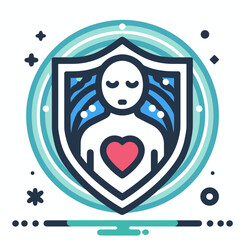 Naklejka premium A flat emblem showing a person inside a shield with a red heart on their chest, with copy space. This symbolic artwork is ideal for mental health sites, psychology blogs, and charity slides.