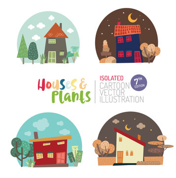 Cute and colourful houses and plants isolated cartoon vector illustration.	