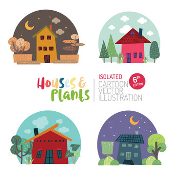 Cute and colourful houses and plants isolated cartoon vector illustration.	
