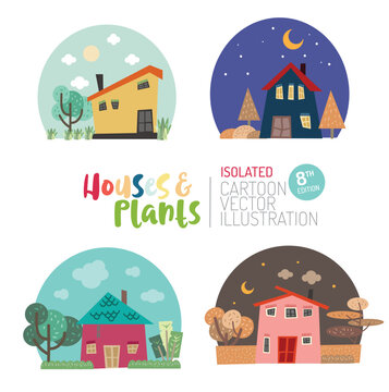 Cute and colourful houses and plants isolated cartoon vector illustration.	